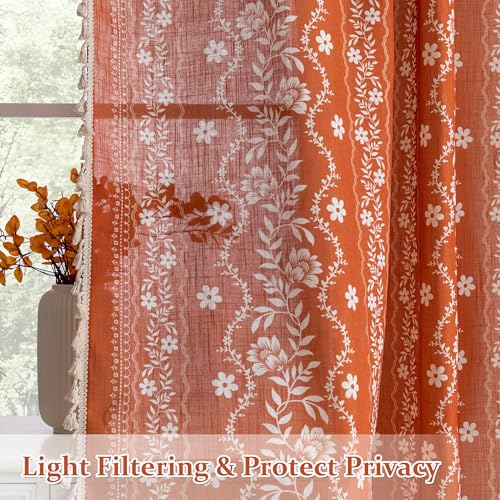 Image of MYSKY HOME Terracotta Boho Floral Linen Curtains 63 Inch Long for Bedroom | Burnt Orange Vintage Farmhouse Curtains for Dining Room Light Filtering Drapes with Tassels Back Tab, 50 inch Wide, 2 Panels