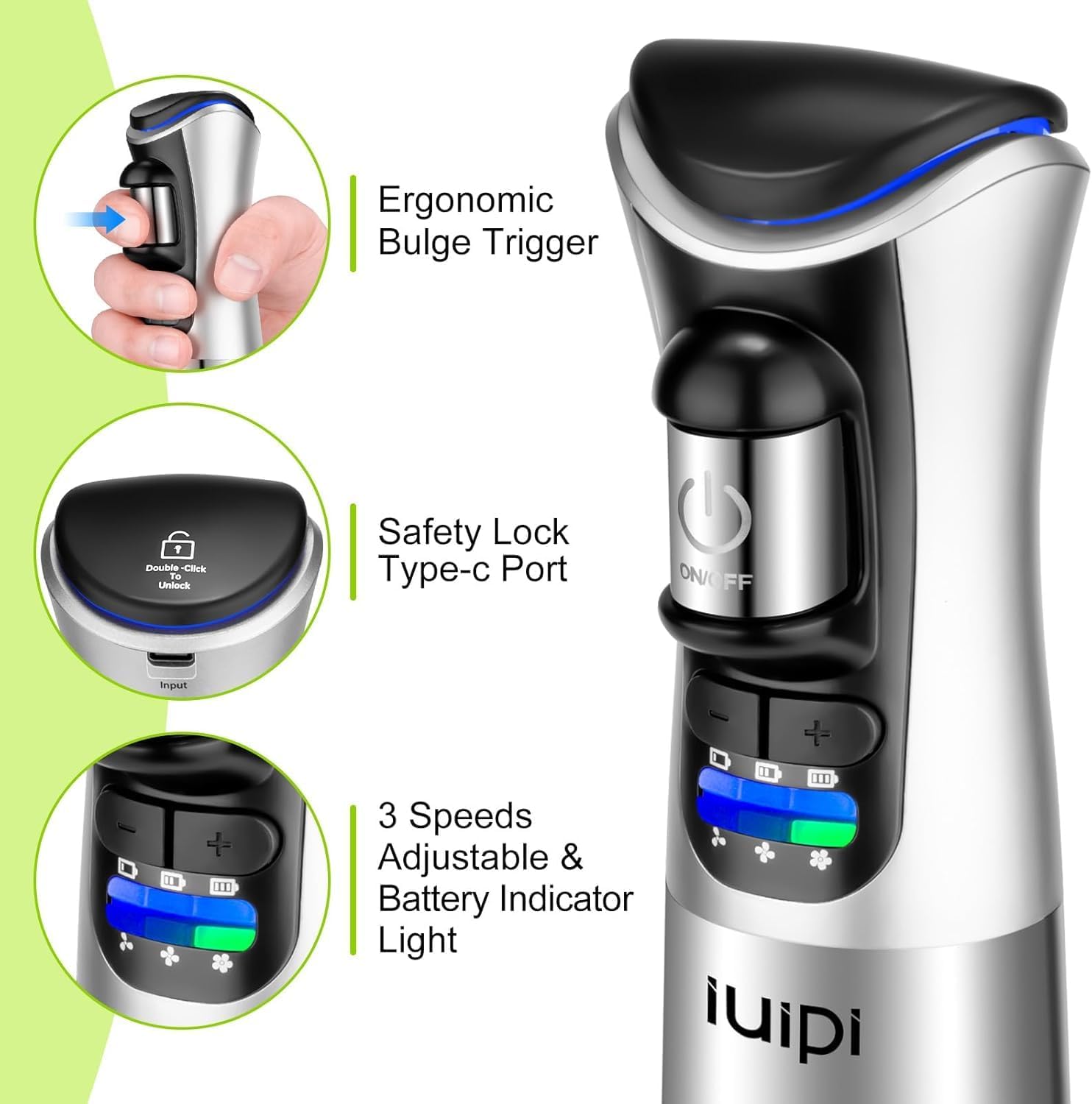 Close-up of the blender handle showing ergonomic trigger, safety lock, and 3-speed battery indicator.