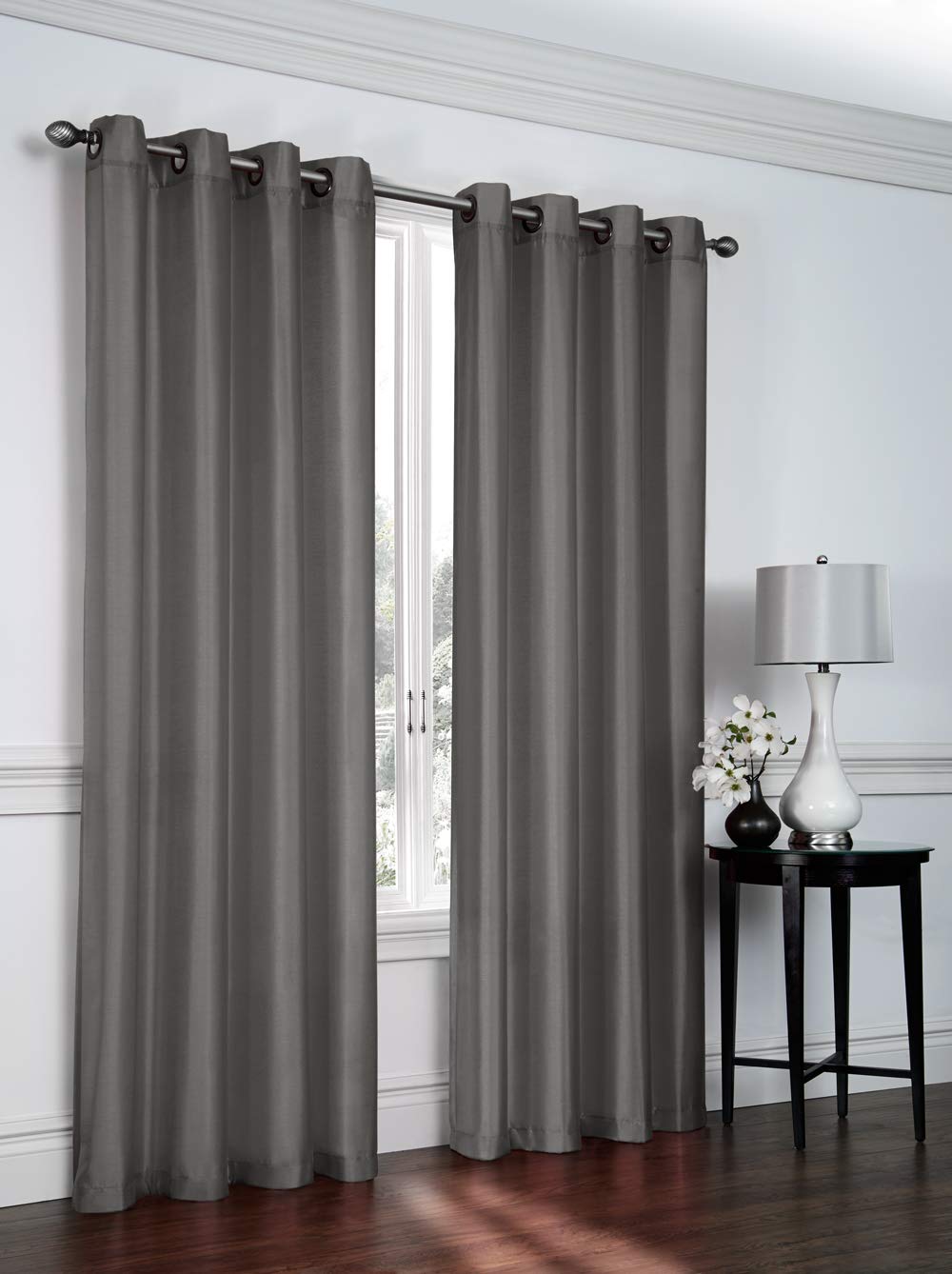 Ruthy's Textile 2 - Piece Semi Sheer Faux Silk Grommet Curtains Window Panels for Home Living Room/Bedroom - 54" by 84" Inch Long - Charcoal