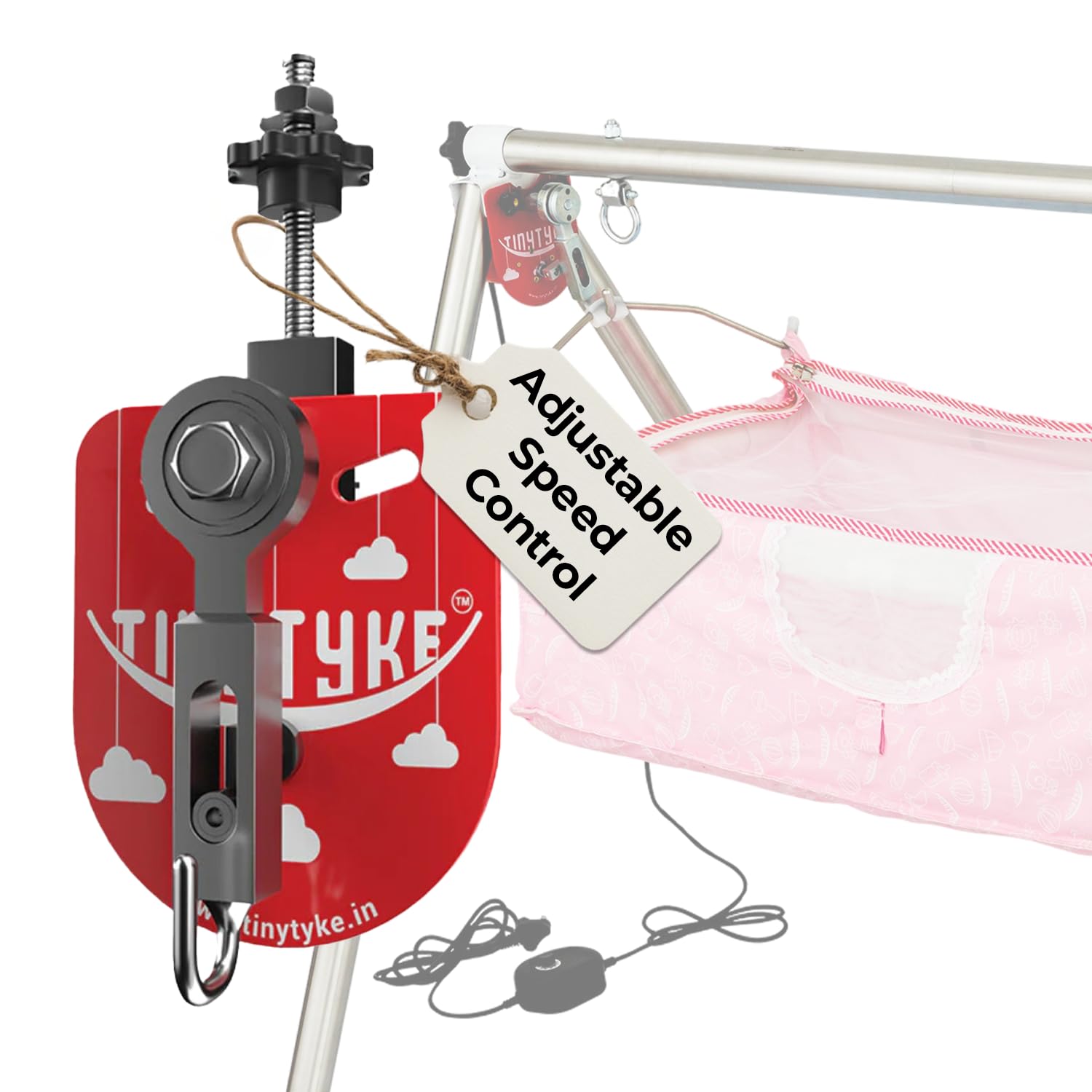 TINYTYKE Automatic Baby Cradle Kit (Cradle Excluded) - Electric Swing Motor with Adjustable Speed - Pink Simple Hammock Included - Baby Jhula Kit for 0-3 Years - 20KG Weight Capacity