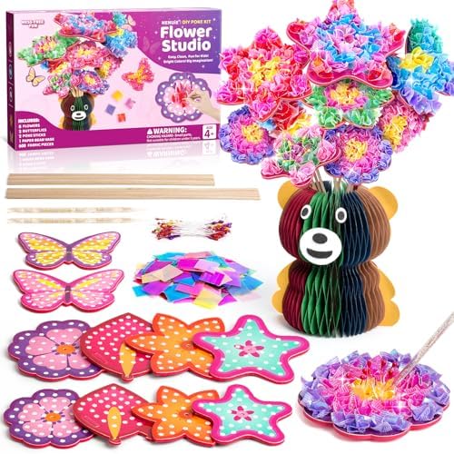 HENUIE DIY Poke Art Kits Craft Activity for Girls Ages 4-8, Mess-Free Fun Flower Bouquet with Stamens 8 Flowers & 2 Butterflies, Creative Activity Birthday Gifts for Kids Ages 4 5 6 7 8+ (Vase)