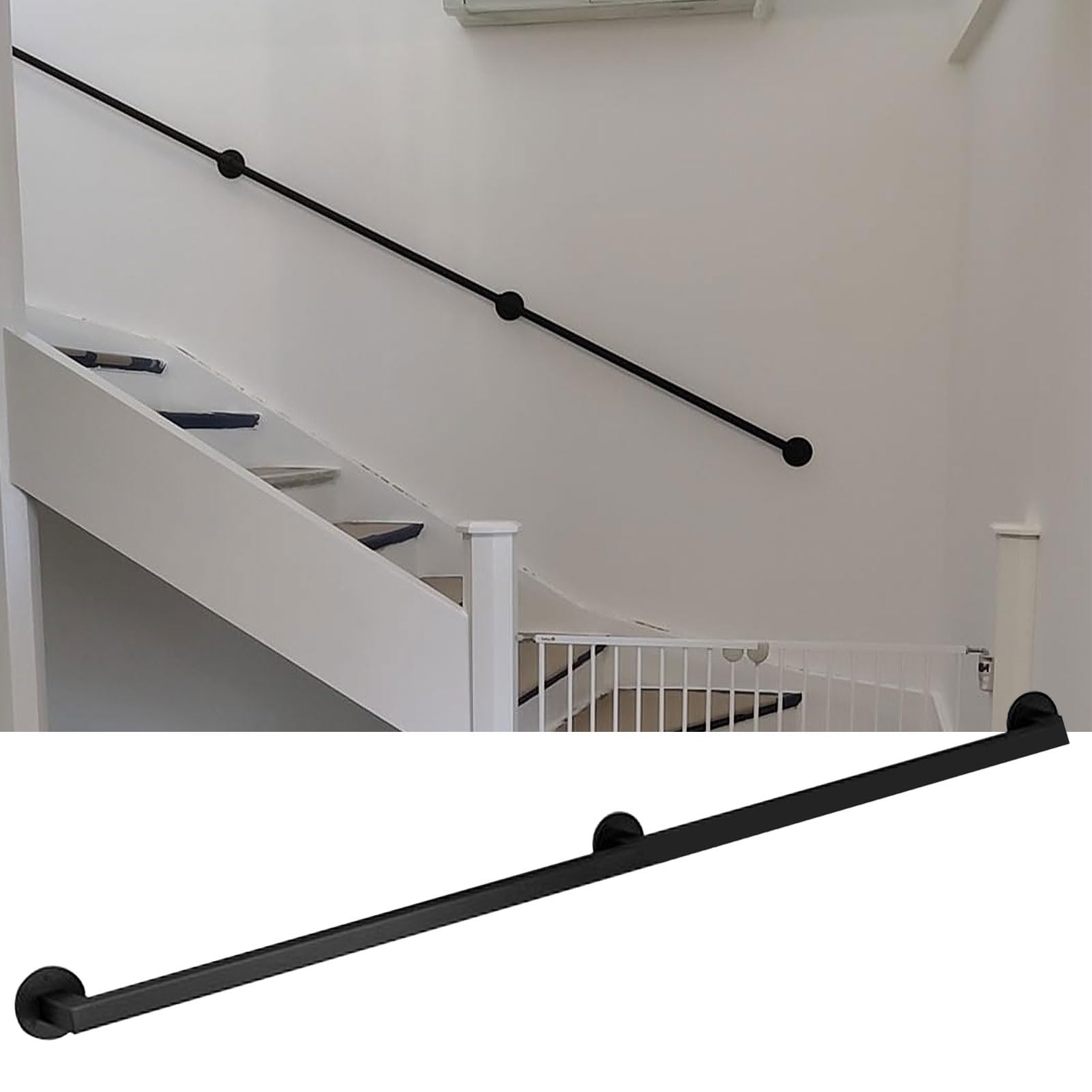 Rampe d'escalier carrée noire de 2 m avec support de repose-pieds durable et robuste