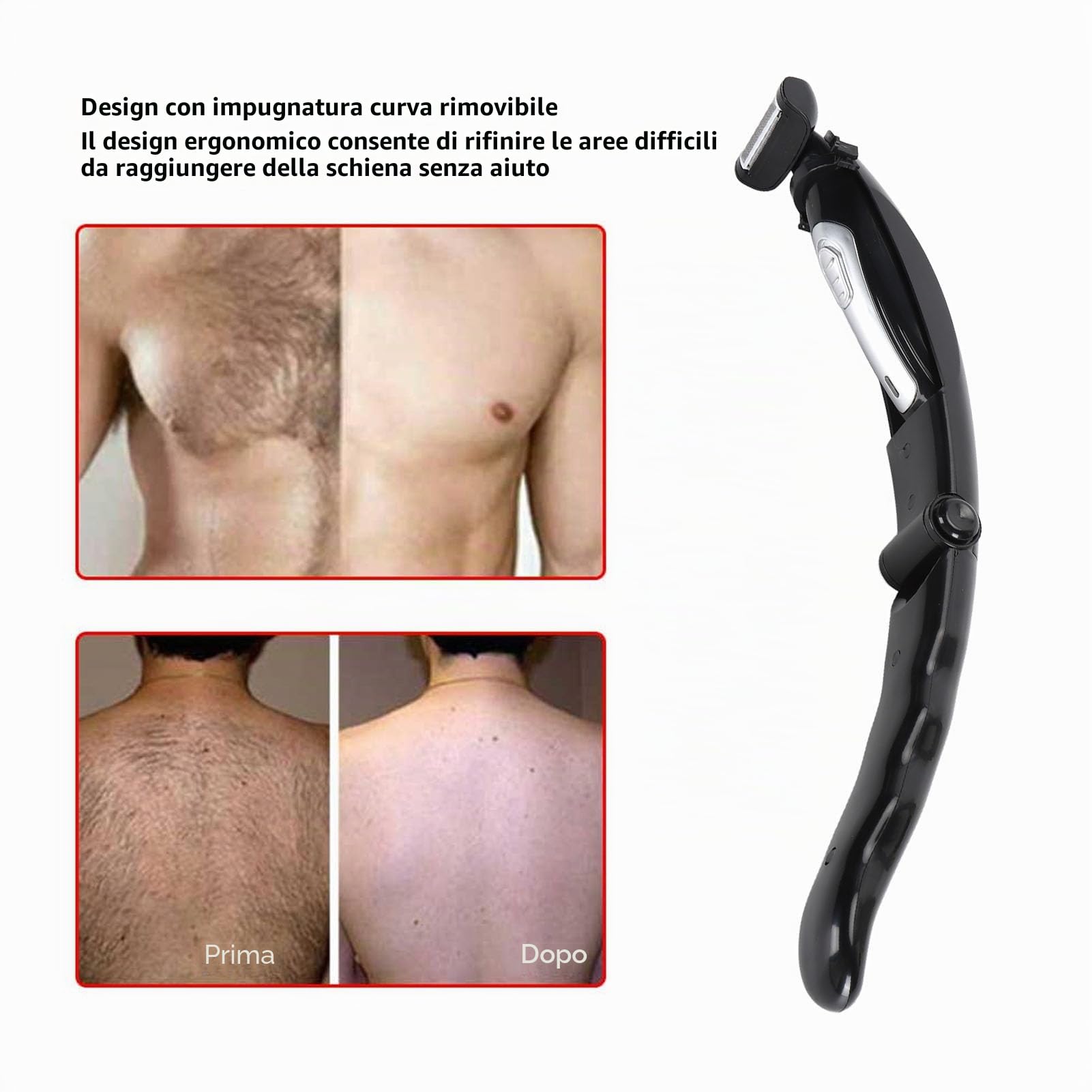 Ejoyous Rasoio Elettrico per la Schiena Uomo, Depilatore per Corpo con Impugnatura Estesa, Design Ergonomico per Schiena e Corpo, Rifinitura a Umido e a Secco, Nero, Batteria Litio