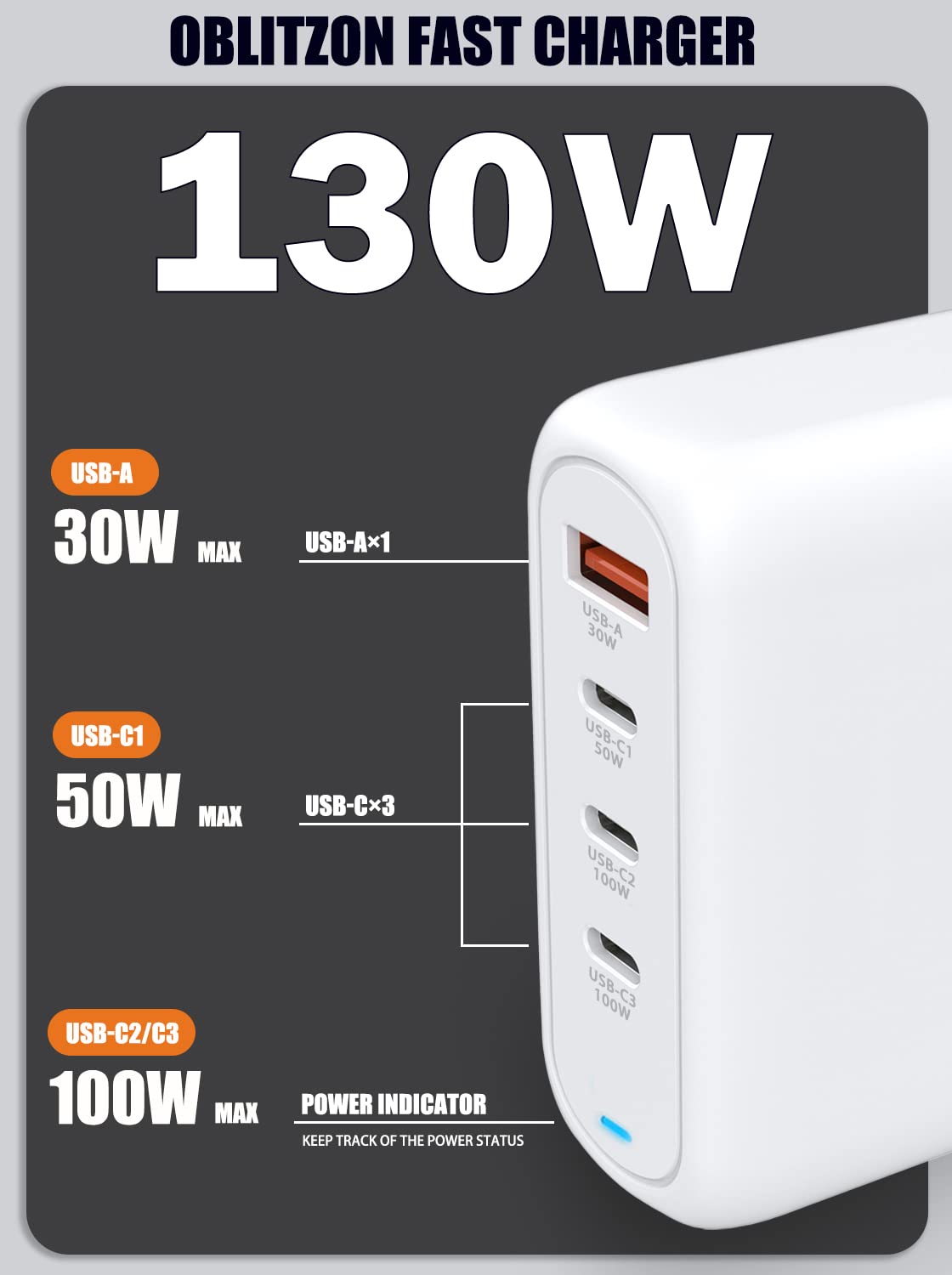 130W USB C Chargeur Rapide, PD 100W+QC 30W PPS PD GaN Chargeur 4 Ports Adaptateur Type C avec Câble 100W pour MacBook Pro/Air, Dell XPS 15, Huawei, iPhone 14/13, iPad Pro, Galaxy S22/S21