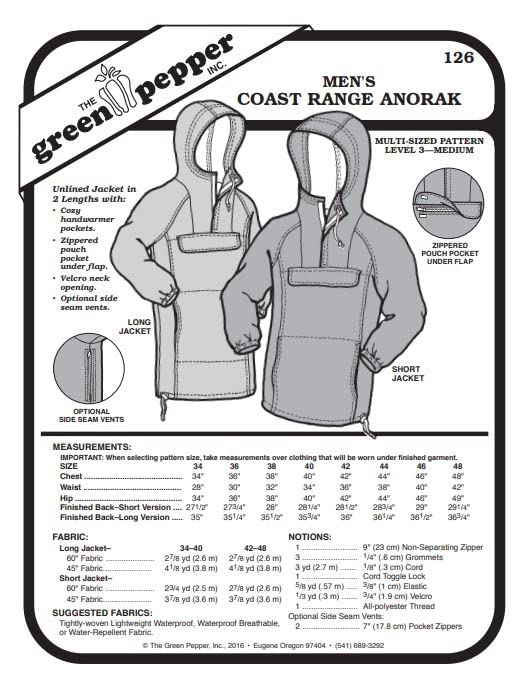 The Green Pepper Men's Coast Range Anorak Jacket Coat #126 Sewing Pattern (Pattern Only) gp1262