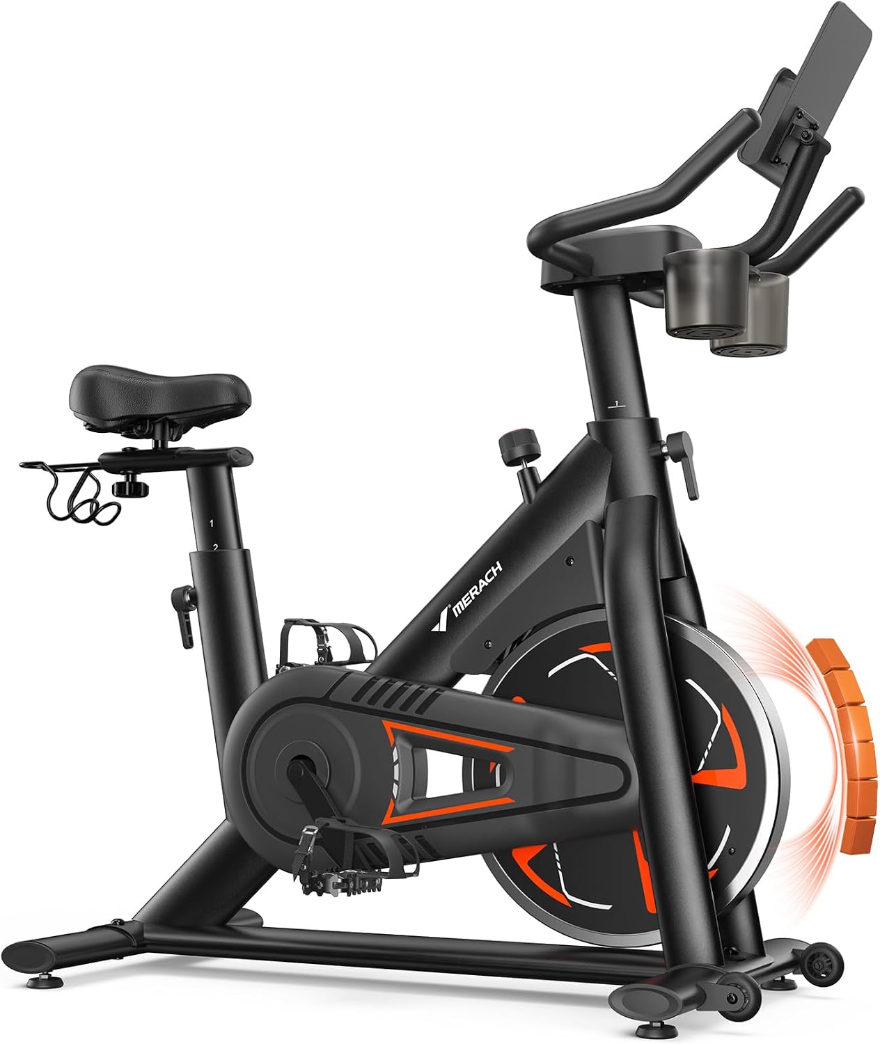 Merach Magnetic Exercise Bike, Low Noise Stationary Bike for Home with Comfortable Seat Cushion, Spinning Bike with 330 lb Weight Capacity, Exclusive App, Tablet Mount and Fitness Courses