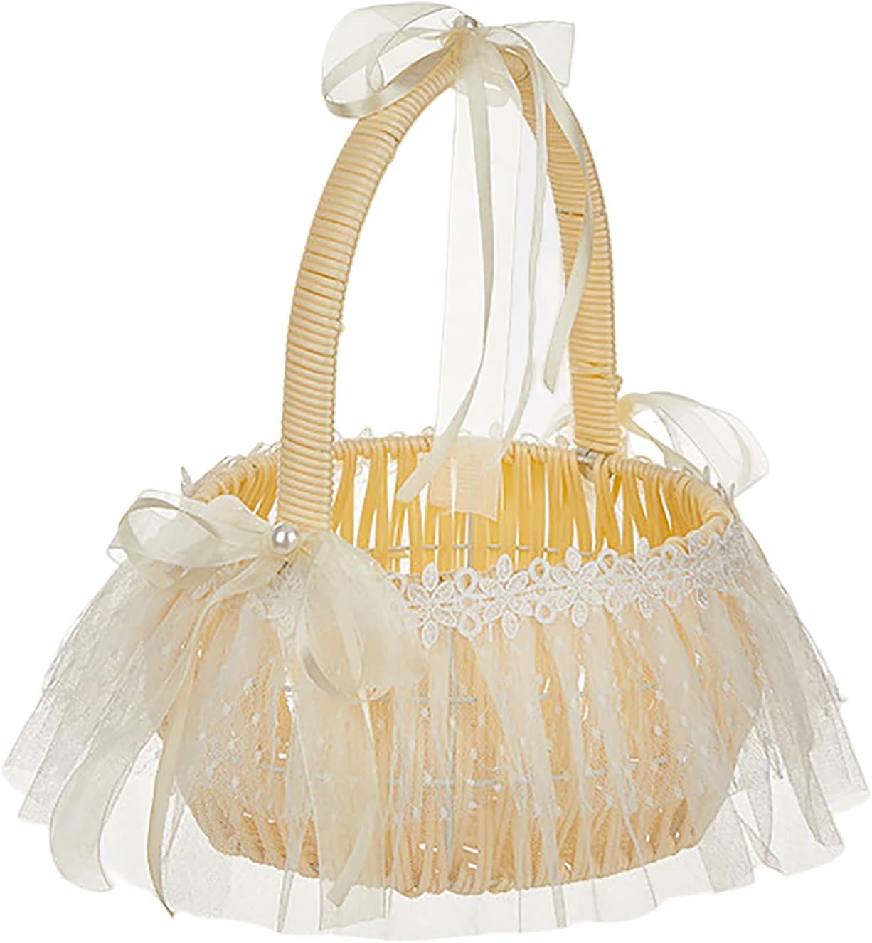 Wedding Flower Girl Basket, Lace Flower Basket With Bow Decoration, Suitable for Wedding Girls and Garden Decoration.-1 pack
