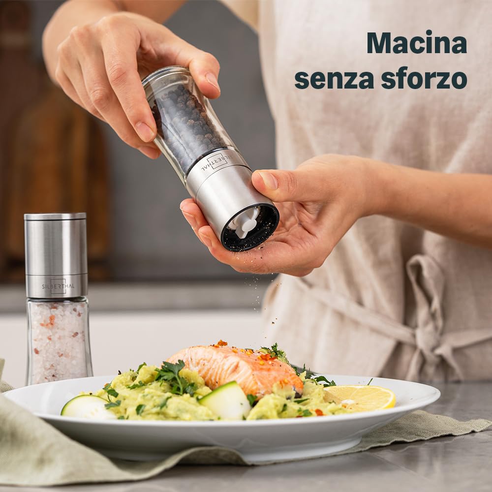 SILBERTHAL Macina sale e pepe - Set sale e pepe manuale - Acciaio inox e vetro - Macinatore conico in ceramica