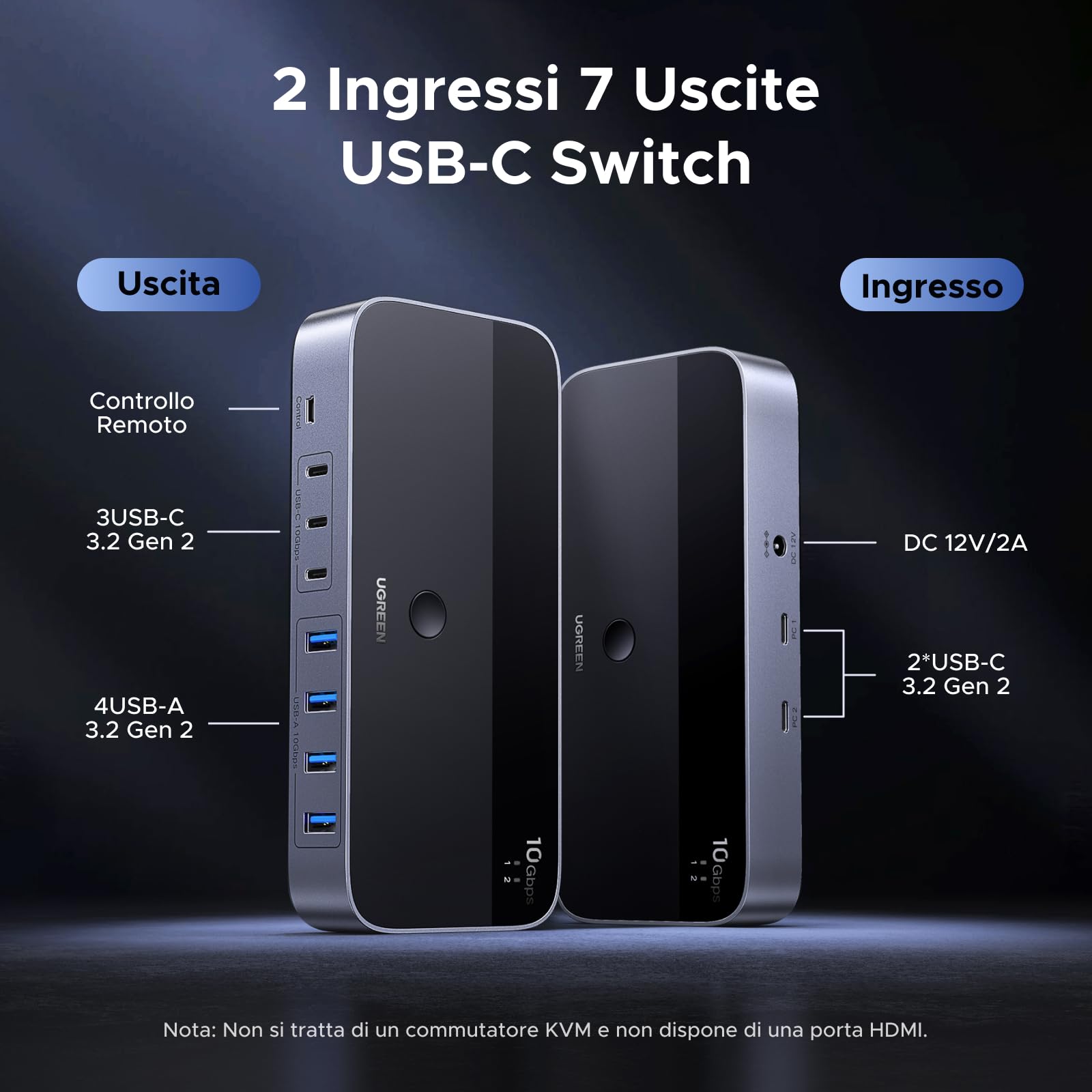 UGREEN Switch USB C 3.2 10 Gbps 2 in 7 Out Commutatore KVM | Condividono 7 USB, 4A3C, per Tastiera, Mouse, Disco Rigido, Stampante, Scanner, Microfono, con Alimentatore DC 12 V