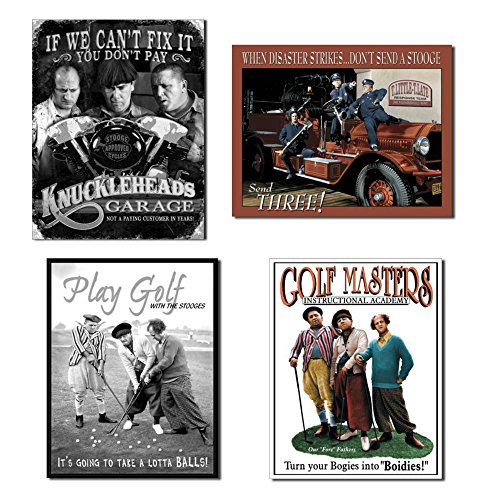 Bundle Three Stooges Tin Sign Collection - Three Stooges Knuckleheads Garage, Three Stooges Fire Dept, Three Stooges Lotta Balls and Three Stooges Golf Masters