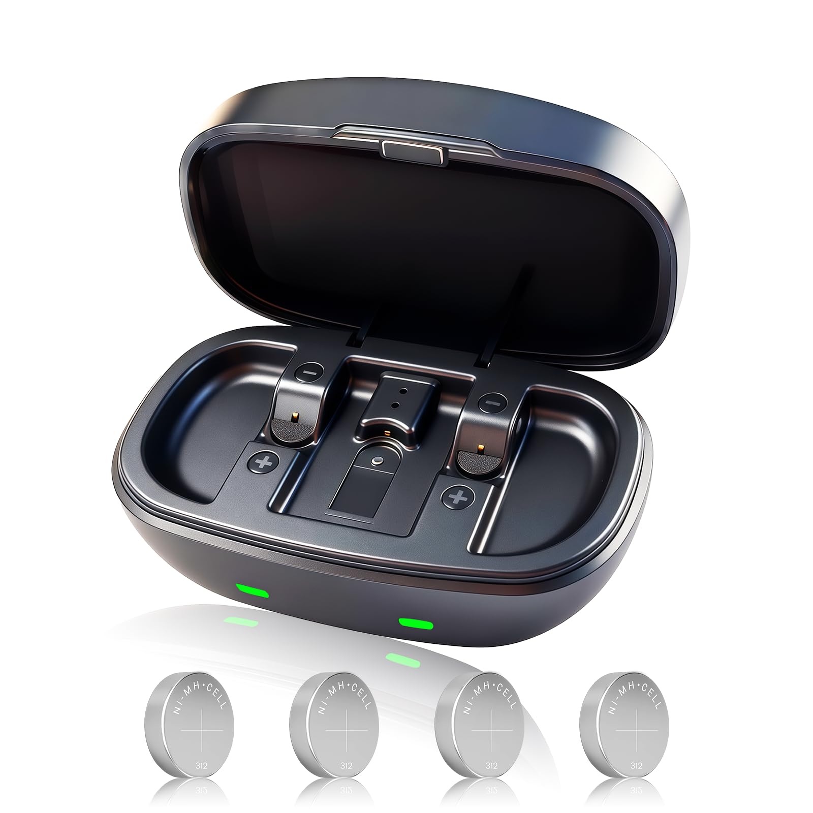 Batterie ricaricabili 312 per apparecchi acustici e caricabatterie USB-C con 4 celle, alimentazione a lunga durata per apparecchi acustici Bluetooth e non Bluetooth, custodia compatta