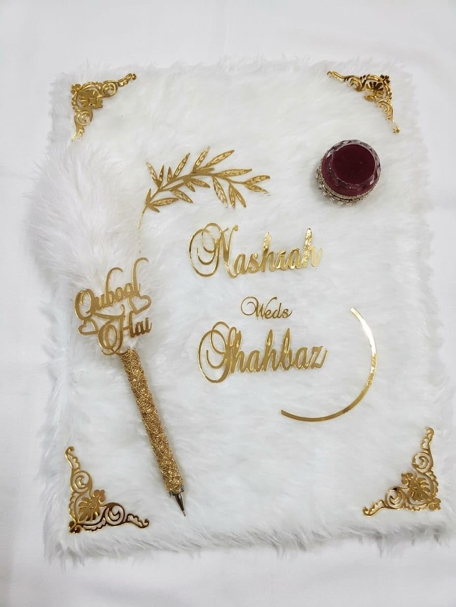 Customized Nikah Nama Booklet | Nikah Nama Certificate with Thumbprint | 3D Golden Acrylic Lettering | White and Golden Colour, 13 x 11 Inches (White)-picture-27