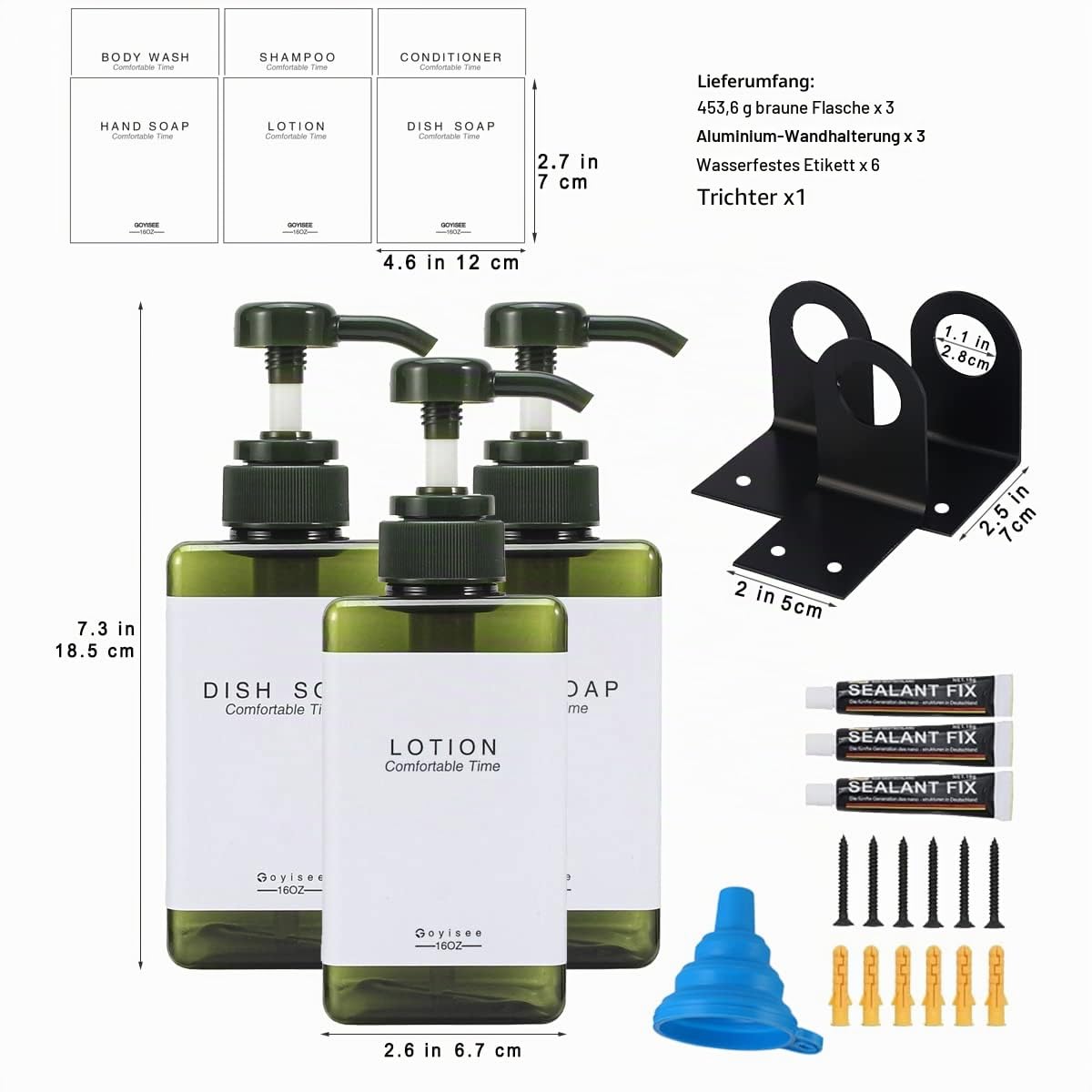 Shampoo und Conditioner Spender für Duschwand 3-Kammer-mit Bohrer Freie quadratische Dusche Seifenspender Wandhalterung mit Wasserdichten Etiketten (3B3W-Green)