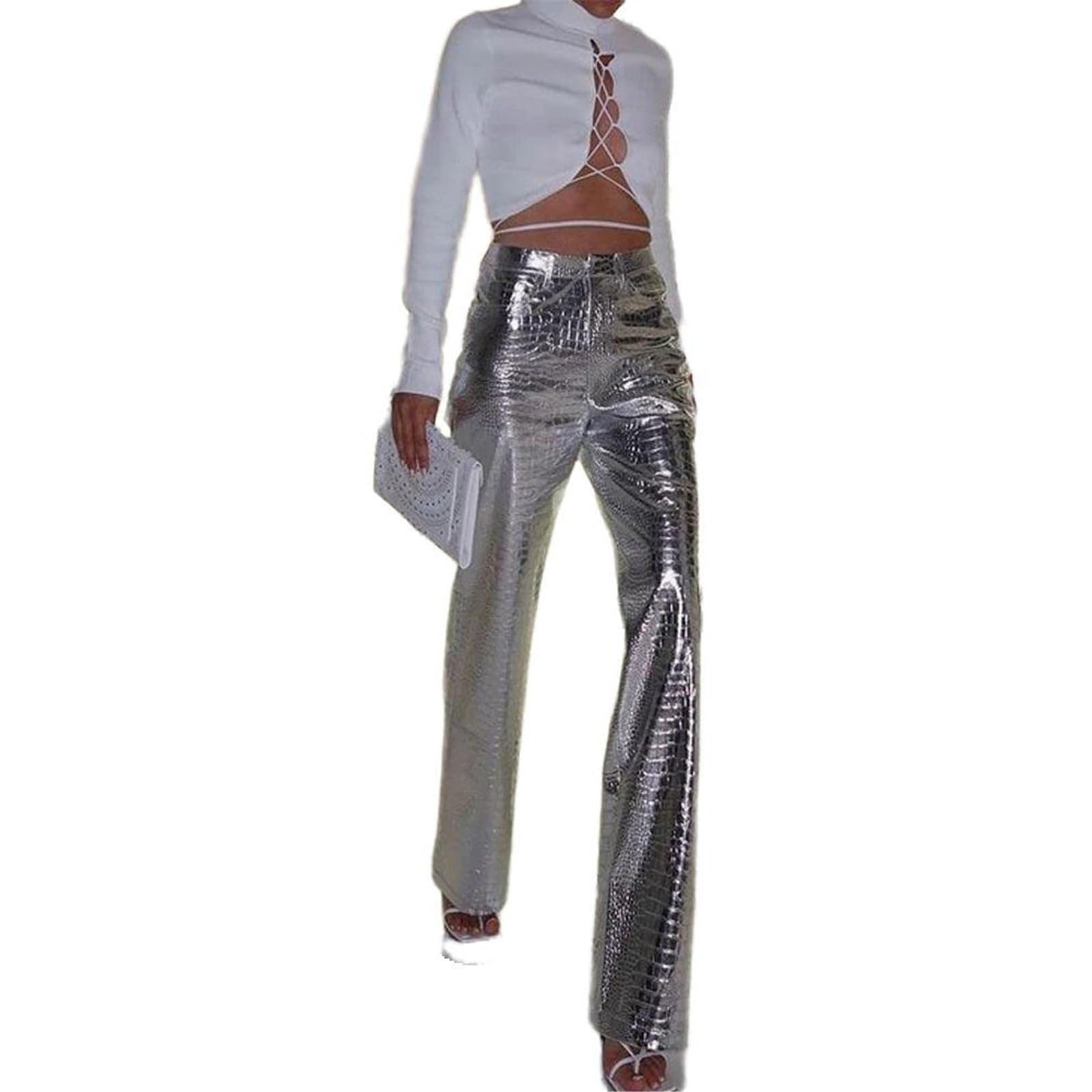 Pantalones de Cuero Anchos Rectos Dorados o Plateados para Mujer, Streetwear, Talle Alto, Cuero, para Fiesta, Club