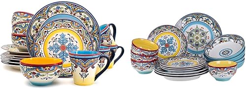 Euro Ceramica Zanzibar Collection - Juego de vajilla de 16 piezas y tazón doble de 16 piezas, diseño floral multicolor, servicio para 4