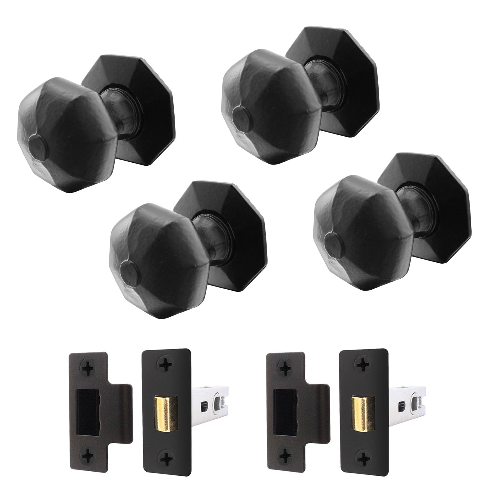 Eai Black Iron Door Knob Set - 2 Pairs Of Cast Iron Antique Octagonal Mortice Knobs & Latches (76Mm)