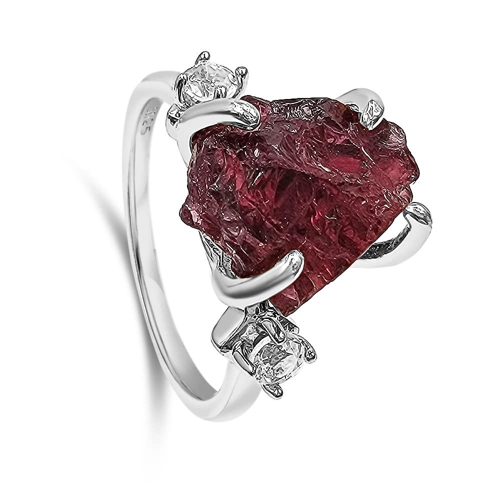 Real Raw Crystal Ring Birthstone sterling silver White Gold statement Jewelry gift for her Christmas Mothers Day Birthday Valentine Statement Ring Gift Uniquelan Jewelry (garnet, 7)