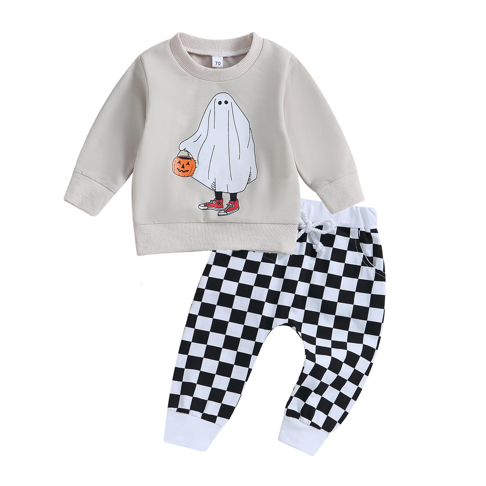 SAYOO Halloween Baby Boy Girl Clothes Funny Ghost Face Pullover Sweatshirt Jogger Pants 2Pcs Fall Holiday Sweatsuits Outfit (White Beige, 0-6 Months)