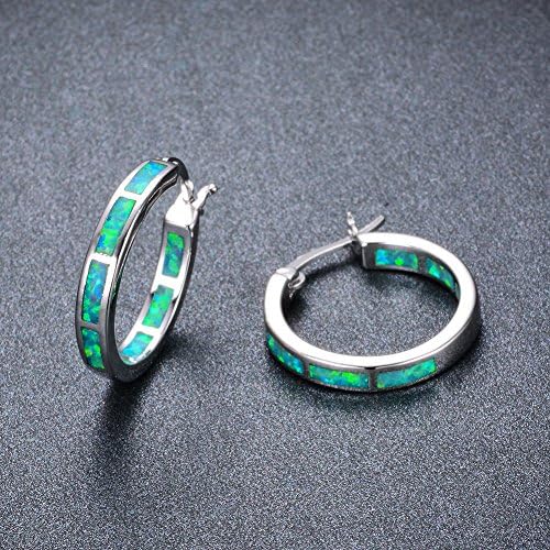 925 Sterling Silver Women's Hoop Earring Created Blue White Fire Opal Women Jewelry Gemstone Rhodium Plated Hoop Earrings