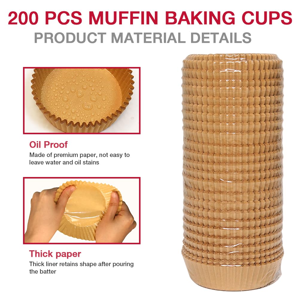 Forros extra jumbo para cupcakes, 200 unidades, 3.54 pulgadas de pergamino para hornear, papeles para magdalenas, tazas para hornear (marrón)
