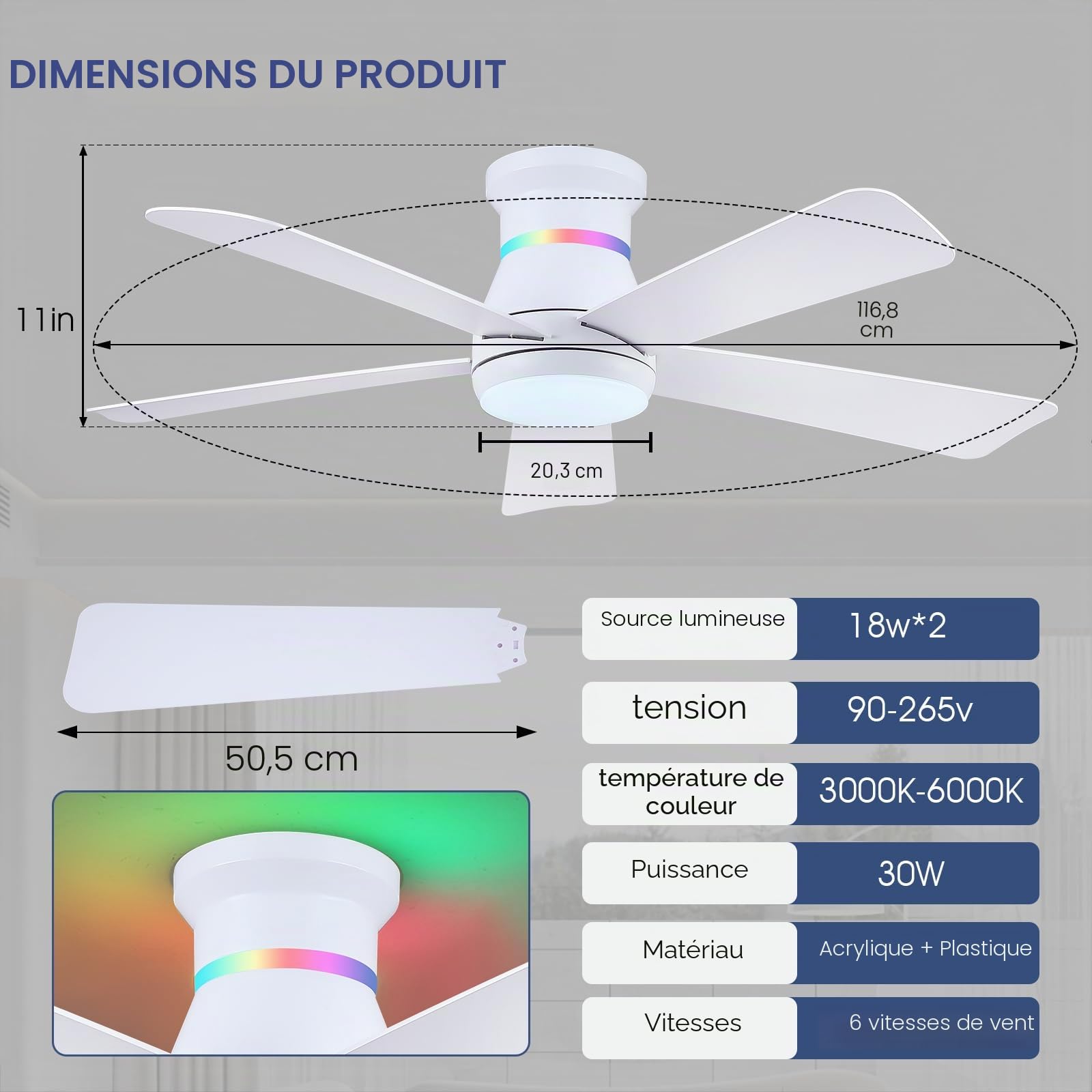 Surtime 117CM Blanc Ventilateurs de plafond avec lumières RGB - Ventilateur de plafond encastré à lumière LED 3CCT dimmable, ventilateurs de plafond modernes et profil bas pour intérieur fête