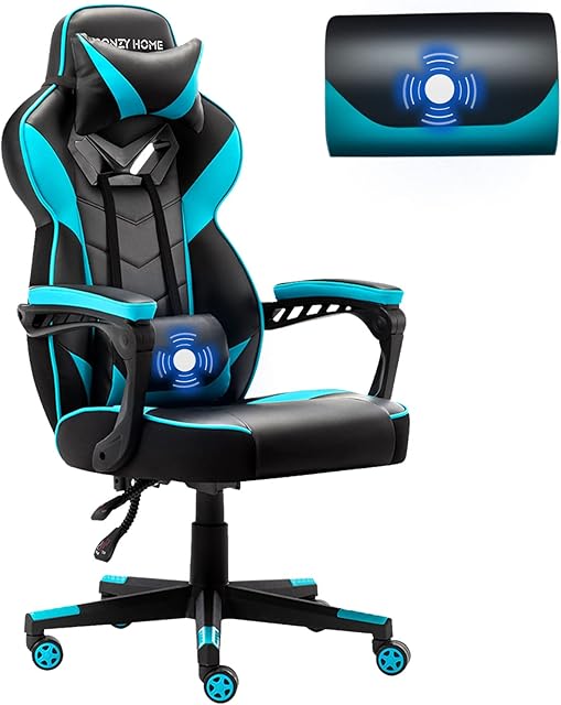 Bonzyhome Gaming Chair, Ergonomic Racing Gaming Chair for Adults with Lumbar Massage, Height Adjustable with Swivel Seat and Headrest for Home/Office (Blue)