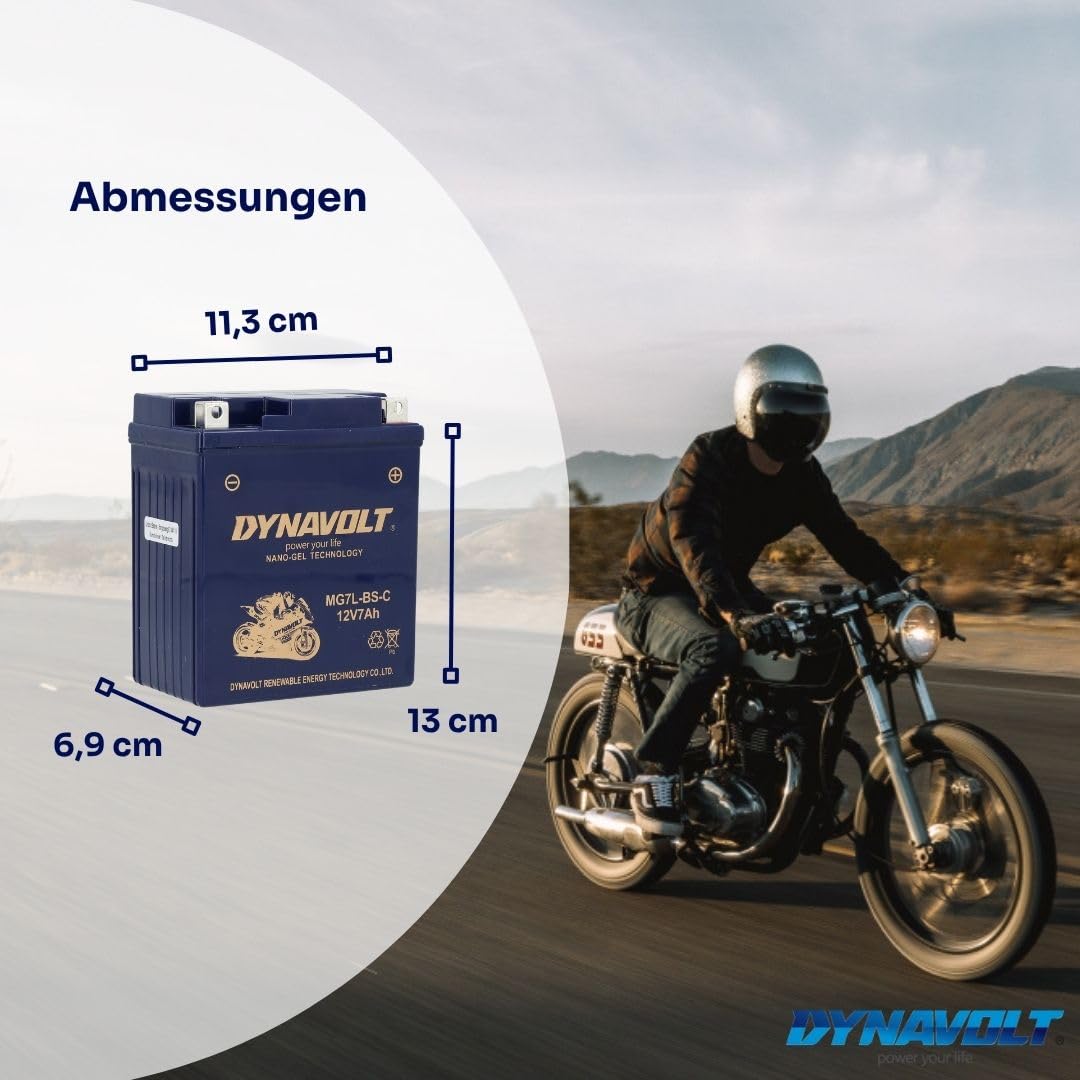 NANO-GEL MG7L-BS-C Motorradbatterie 12V 7Ah 200A. Ersetzt YTX7L-BS. Maße: 113x69x130mm. Wartungsfreie Motorradbatterien mit Nano-Gel-Technologie. Ideal für Rennmotorräder