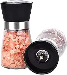 Kit 2 Moedor Triturador Giratório de Sal Pimenta Premium em Vidro Aço Inoxidável Tampa Preta para Grãos Condimentos Secos Temperos Saleiro Pimenteiro de Mesa Ideal Cozinha Restaurante Hamburgueria