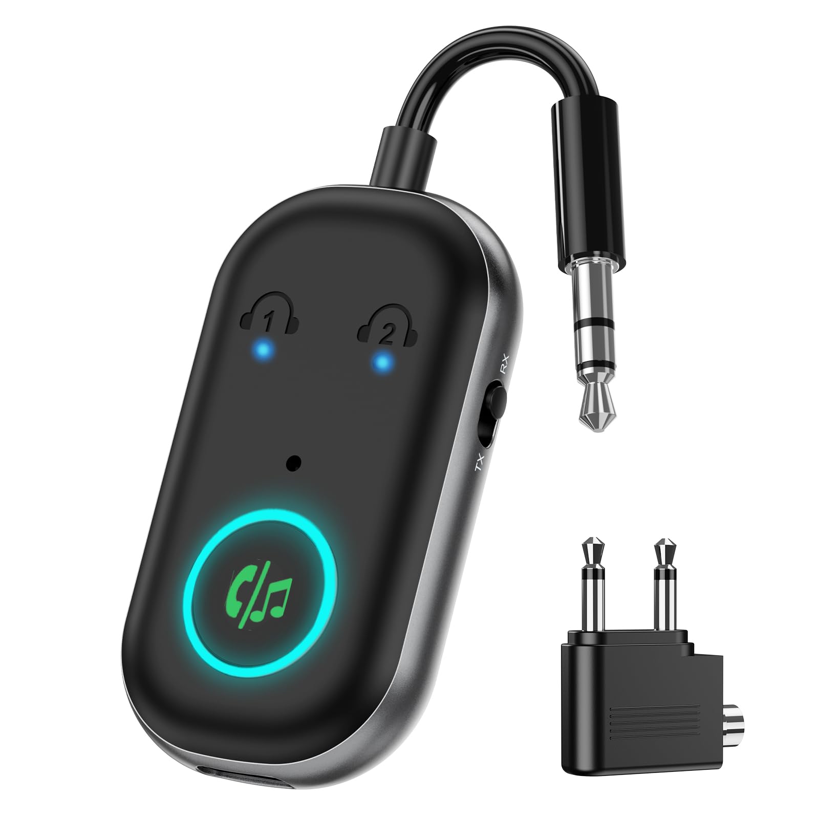 ORIA Adaptador Bluetooth Aux, 2 en 1 Transmisor Receptor Bluetooth 5.3, Receptor de Audio con Conexión Dual, Reducción de Ruido CVC, Adaptador de Audio de Carga Tipo C para Avión, TV, Auriculares | Transmisor/Receptor, Conexión Dual, Reducción de Ruido CVC, Carga USB-C, para Avión, TV