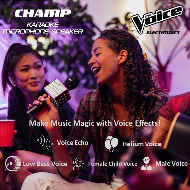 The Voice Champ Deluxe microphone with icons for various voice effects