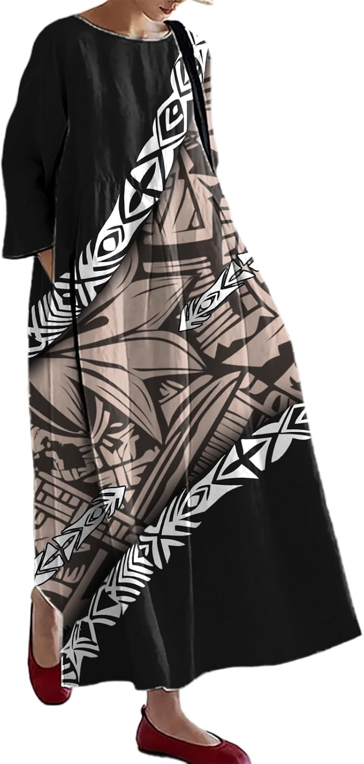 domirica Ethnic Dress for Women Paisley Floral Long Sleeve Pullover Empire Waist Loose Fit 2025 Spring Novelty Maxi Dress