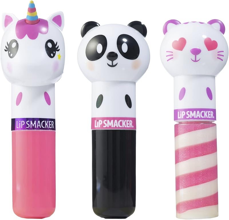 Lip Smacker Lippy Pals, Set of 3 Flavored Moisturizing & Smoothing Soft Shine Lip Balm, Hydrating & Protecting Fun Tasty Flavors ,Cruelty-Free & Vegan - Unicorn, Panda and kitten
