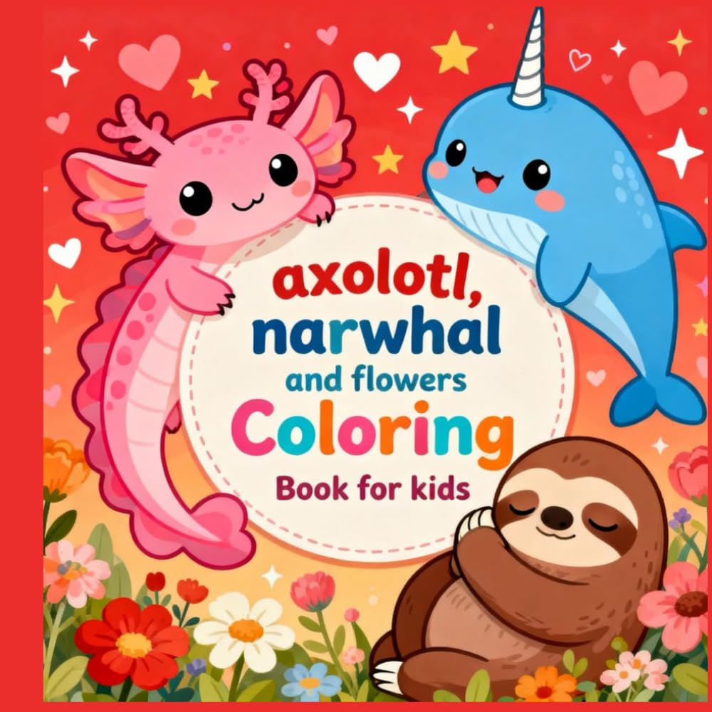 axolotl, narwhal and flowers Coloring Book for kids: Cute Sea Animals and Floral Coloring Pages for Kids Ages 4–8 | Fun, Simple and Relaxing Designs