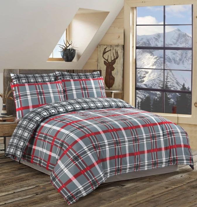 SeventhStitch King Size Duvet Cover Set - Super Soft Brushed Microfibre Hotel Quality Gift Bedding, Lightweight, Grey Quilt Covers Double King Superking Size Reversible Bed Sets (Red Check, King)