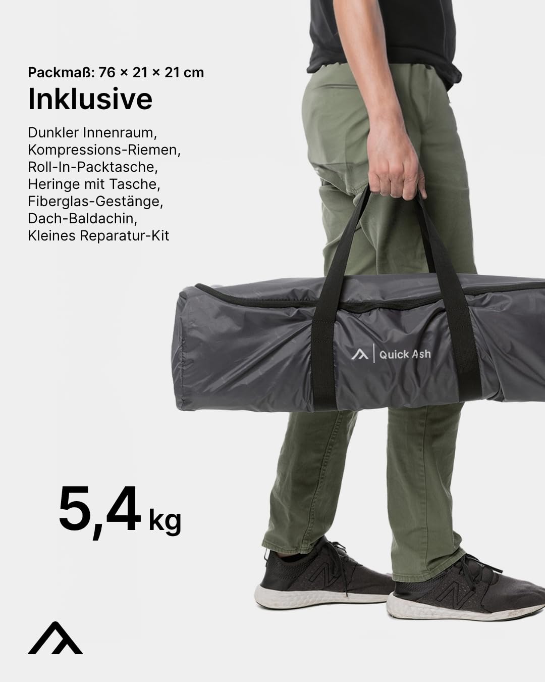qeedo Quick Ash Dark Series Sekundenzelt innen komplett verdunkelt, wasserdicht, leicht & robust - Campingzelt für 2 Personen, Kuppelzelt mit kleinem Vordach, Moskitonetz & Schnellaufbau-System