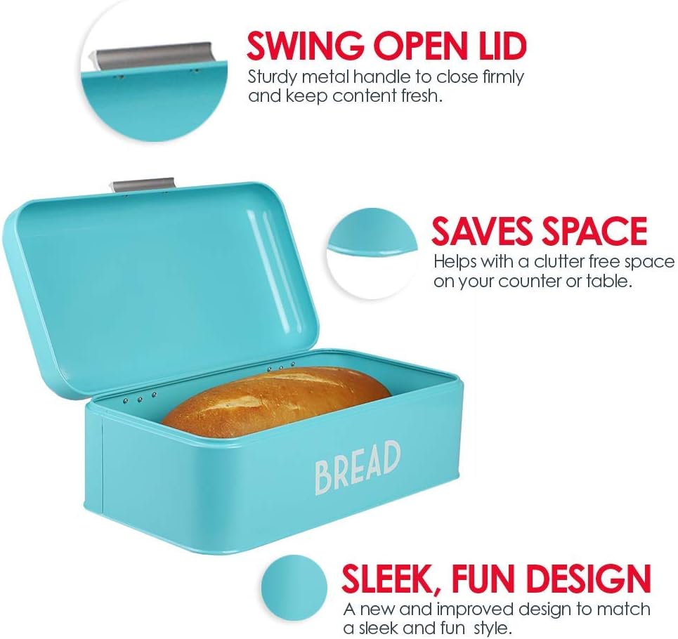 Home Basics Grove Bread Box For Kitchen Counter Dry Food Storage Container, Bread Bin, Store Bread Loaf, Dinner Rolls, Pastries, Baked Goods & More, Retro Vintage Design, Turquoise: Home & Kitchen