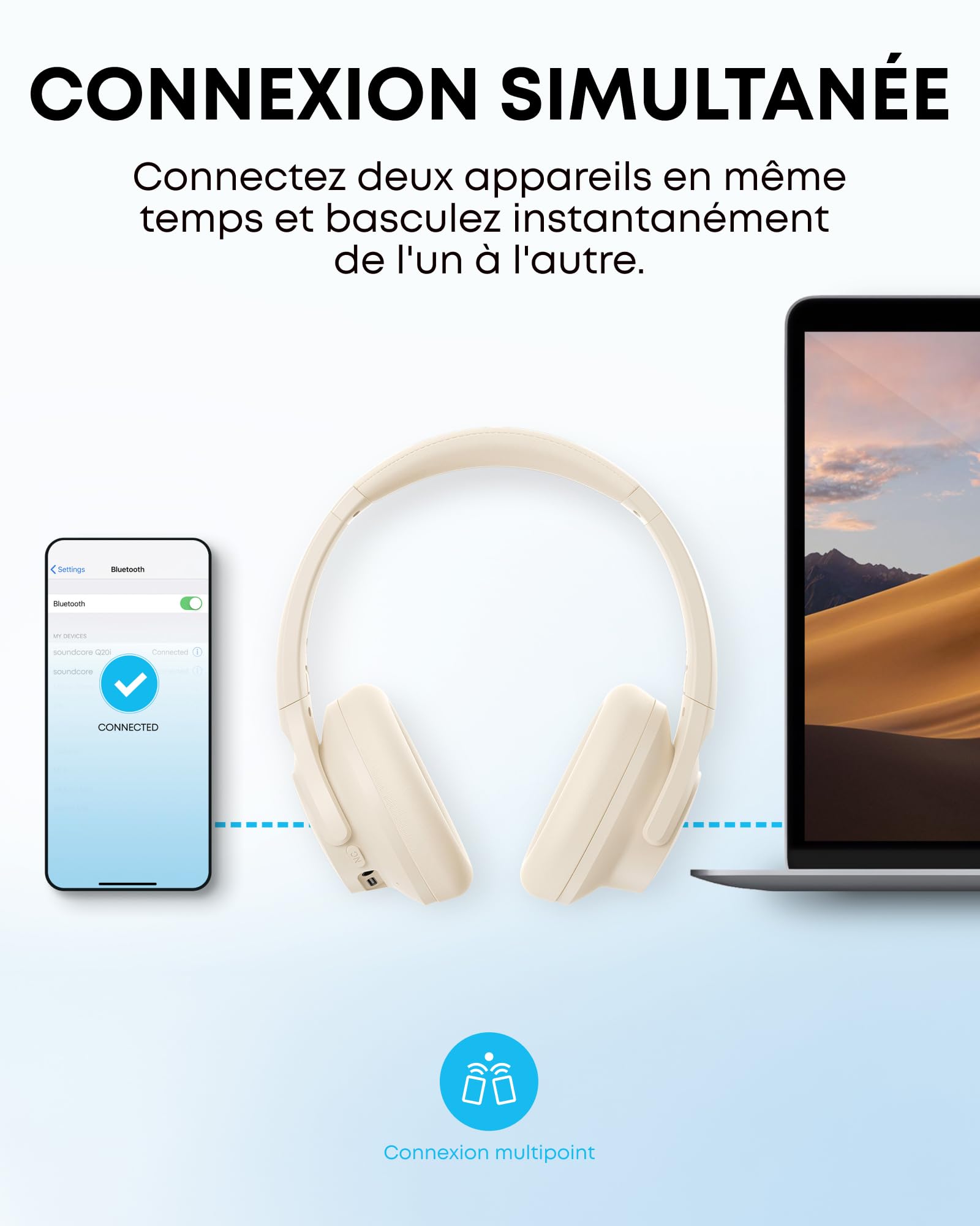 soundcore by Anker Q20i Casque Supra-auriculaire sans Fil Bluetooth avec réduction Active du Bruit Hybride, autonomie de 40 h en Mode ANC, Audio Haute résolution(reconditionné)