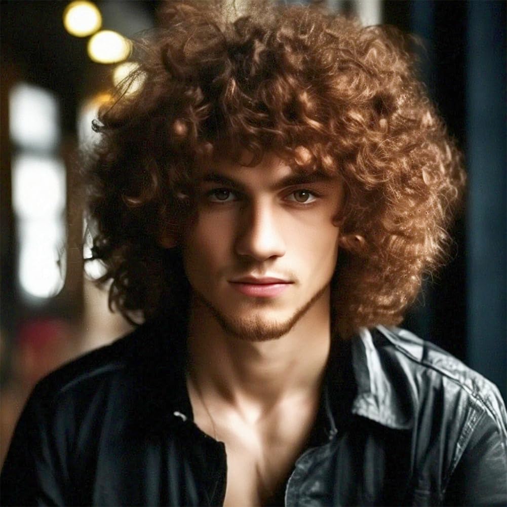Kaneles Brown Curly Mens Wig Short Afro Wig Brown Rocker Wigs Synthetic Halloween Cosplay Costume Hair Wigs for Male Guy