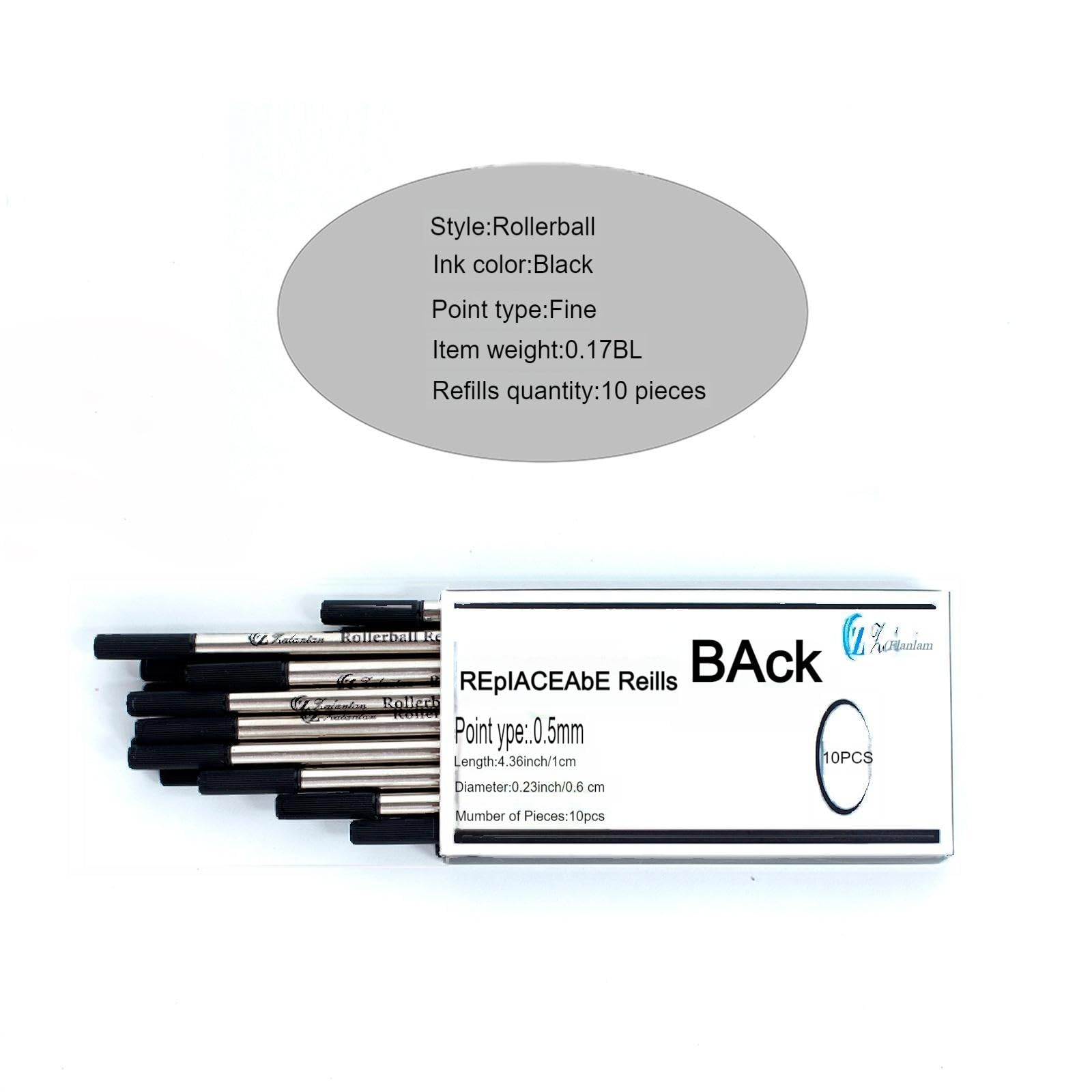 Zalantan Black Rollerball Pen Refills 10pcs, Replaceable Ballpoint Pen Refills, Roller Ball Fine Point 0.5mm, Quick Dry, Large Capacity - Image 2