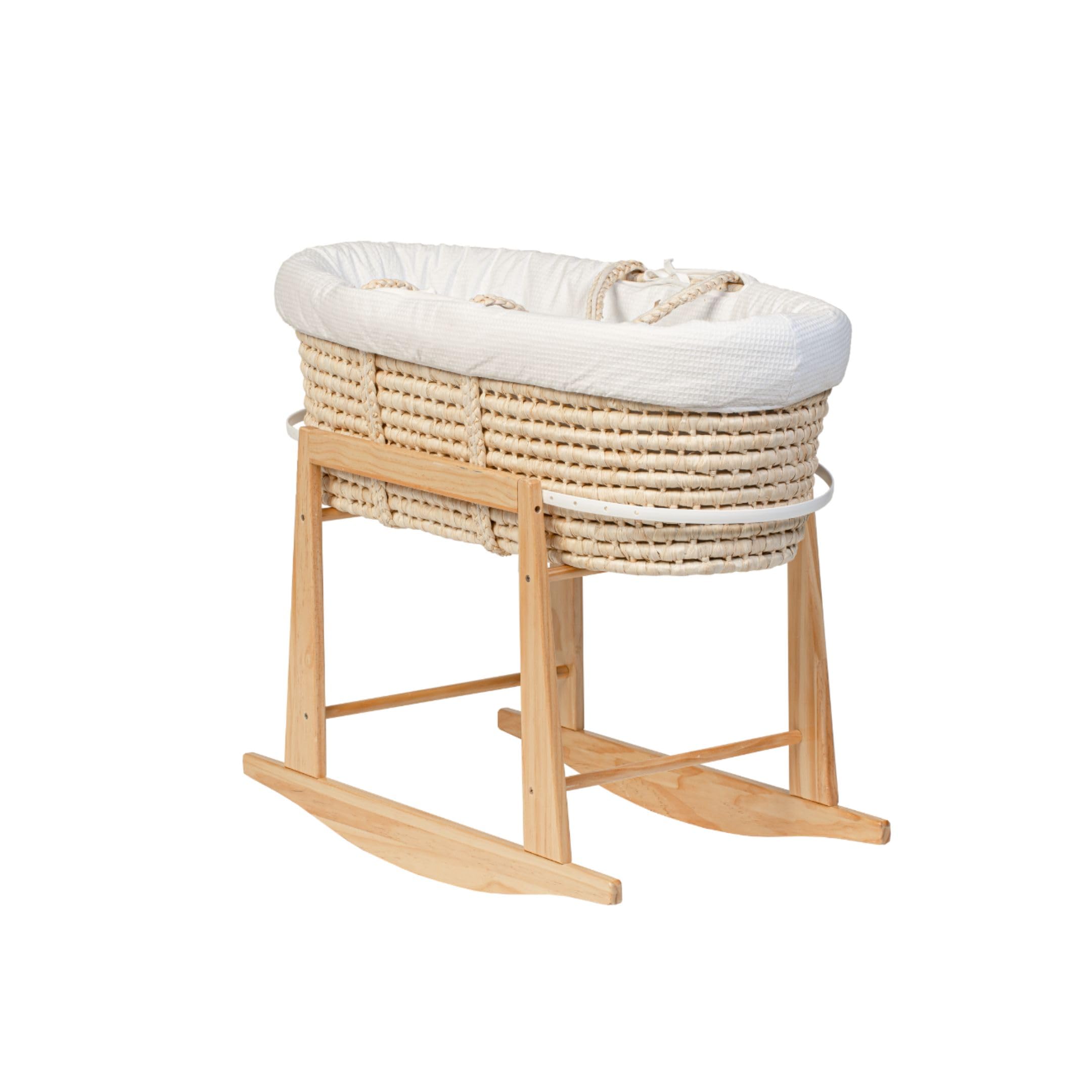Mokee Natural Moses Basket Set with Rocking Stand, Mattress, Cotton Bedding & Padded Liner | Complete Newborn Set for Babies 0–6 Months (without hood)