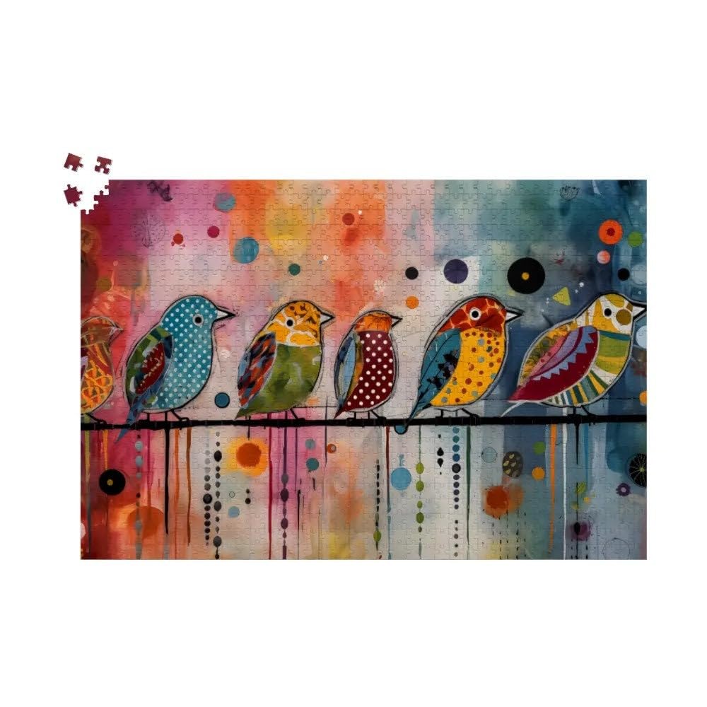 1000-Piece Whimsical Pastel Bird Jigsaw Puzzle - Abstract Colorful Wooden Bird Puzzle