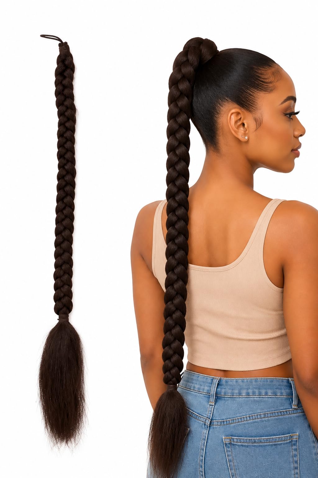 CHRONEX 24 Inch Braided Ponytail Hair Extension for Women | Long Synthetic Braid Hairpiece | Soft Natural Look Hair Accessory | Dark Brown
