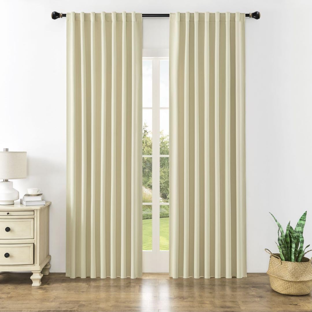 Joydeco 90 Inch Curtains for Bedroom, Blackout Curtains 90 Inches Long, Room Darkening Curtains & Drapes for Living Room Window Rod Pocket Back Tab (W37 x L90 Inch, Light Beige)