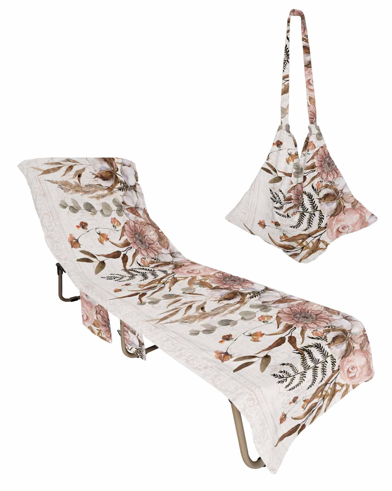 Beach Pool Patio Lounge Chaise Chair Cover Towel with Pockets,Rustic Eucalyptus Absorbent & Quick Dry Microfiber Towel Cover Bag Summer Travel Accessories Botanical Floral Leaves Tribal Ethnic Boho