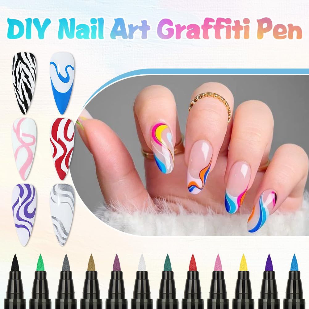 12 Farben Nagellack Stift Set, Nailart Graffiti-Stift, Nagelzeichenstift, 3D Nagelkunststift DIY Linie Nagelkunst-Graffiti, Wasserfeste Schnelle, für Maniküre Mädchen Frauen Zuhause, Reisen(D)