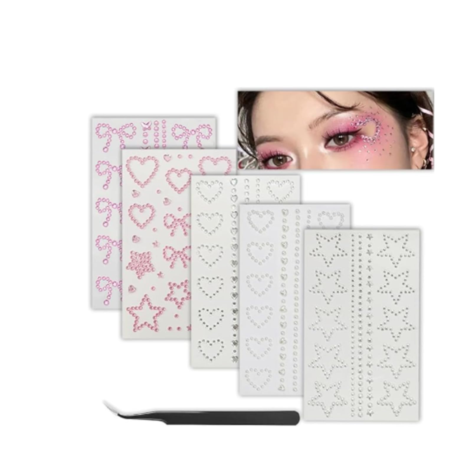 5 Sheets Heart Star Bow Round Shapes Face Stickers for Women, Includes Black Clip, Multi-Use Rhinestone Stickers for Hair Decoration and Nail Art, Accessories for Parties Makeup and Festival-image-24