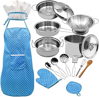 Qudai Crianças Cozinhando e Assando Conjunto 18 PCS com Chapéu de Chef Avental Forno Mitt Pan Sopa Panela Colher Pá Utensílios de Cozinha Crianças Chef Papel Playset Presente Educacional para Meninas
