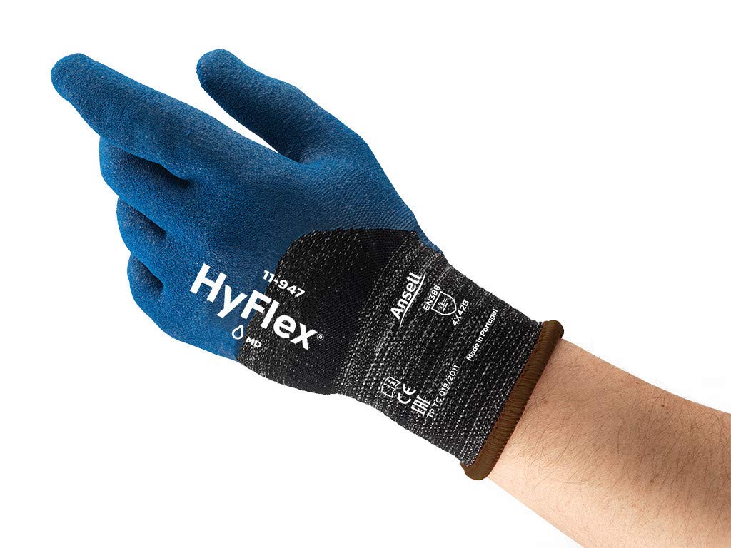 Ansell HyFlex 11-947 Guanti da Lavoro con Rivestimento Oleorepellenza, Resistenza al Taglio e all'Abrasione, Ottime Proprietà di Presa, Protezione Meccanica, Blu, Taglia L (12 Paia)