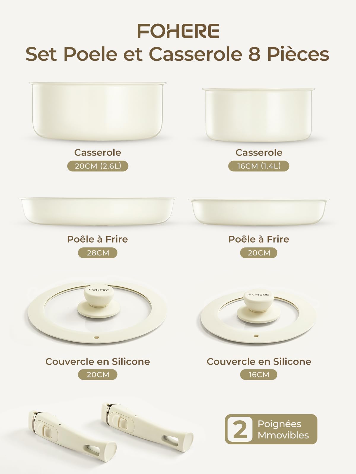FOHERE Set Poêles et Casseroles Induction Céramique Antiadhésif 8 Pièces | Avec 2 Poignées Amovibles et 2 Couvercles, Poêles 20/28 cm, Casserole 16/20 cm, Tous Feux Y Compris Induction, Aluminium
