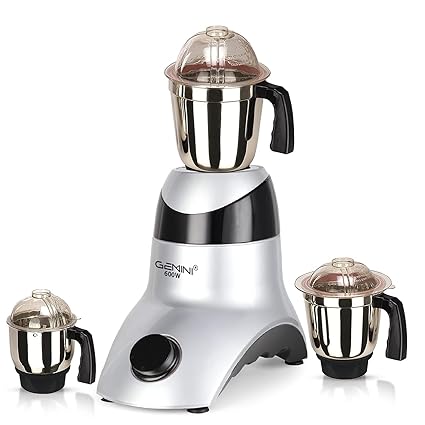 Gemini NORTSA21 600-Watt Mixer Grinder with 3 Jars (1 Wet Jar, 1 Dry Jar and 1 Chutney Jar) ISI Certified - SilverBlack Make in India